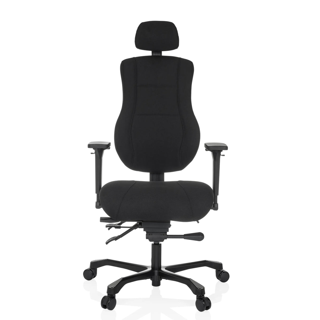 Schwarzer XXL Drehstuhl 24 HOURS BASIC mit Kopfstütze und Fußkreuz mit fünf Rollen von hjh OFFICE – 360-Grad-Ansicht (Frontansicht 0°)