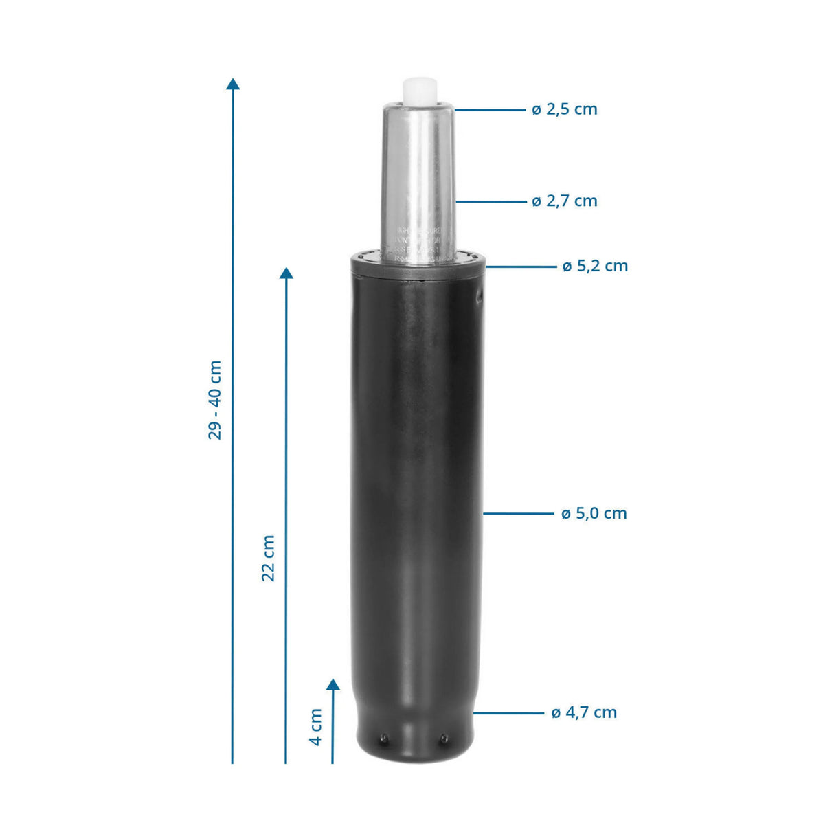 Technische Zeichnung der Gasfeder GF-L mit einer Gesamthöhe von 29 - 40 cm von hjh OFFICE