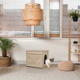 Katzenhaus KITTY PAWBOX 1 in Eiche-Optik mit kreisförmigem Eingang und Frontverzierung von hjh LIVING