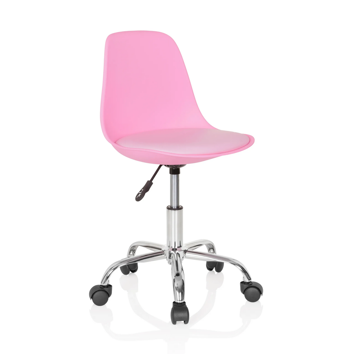 Pinker Kinderdrehstuhl FANCY II mit geschwungener Schale und Fußkreuz mit fünf Rollen von hjh OFFICE – 360-Grad-Ansicht (schräge Frontansicht 40°)