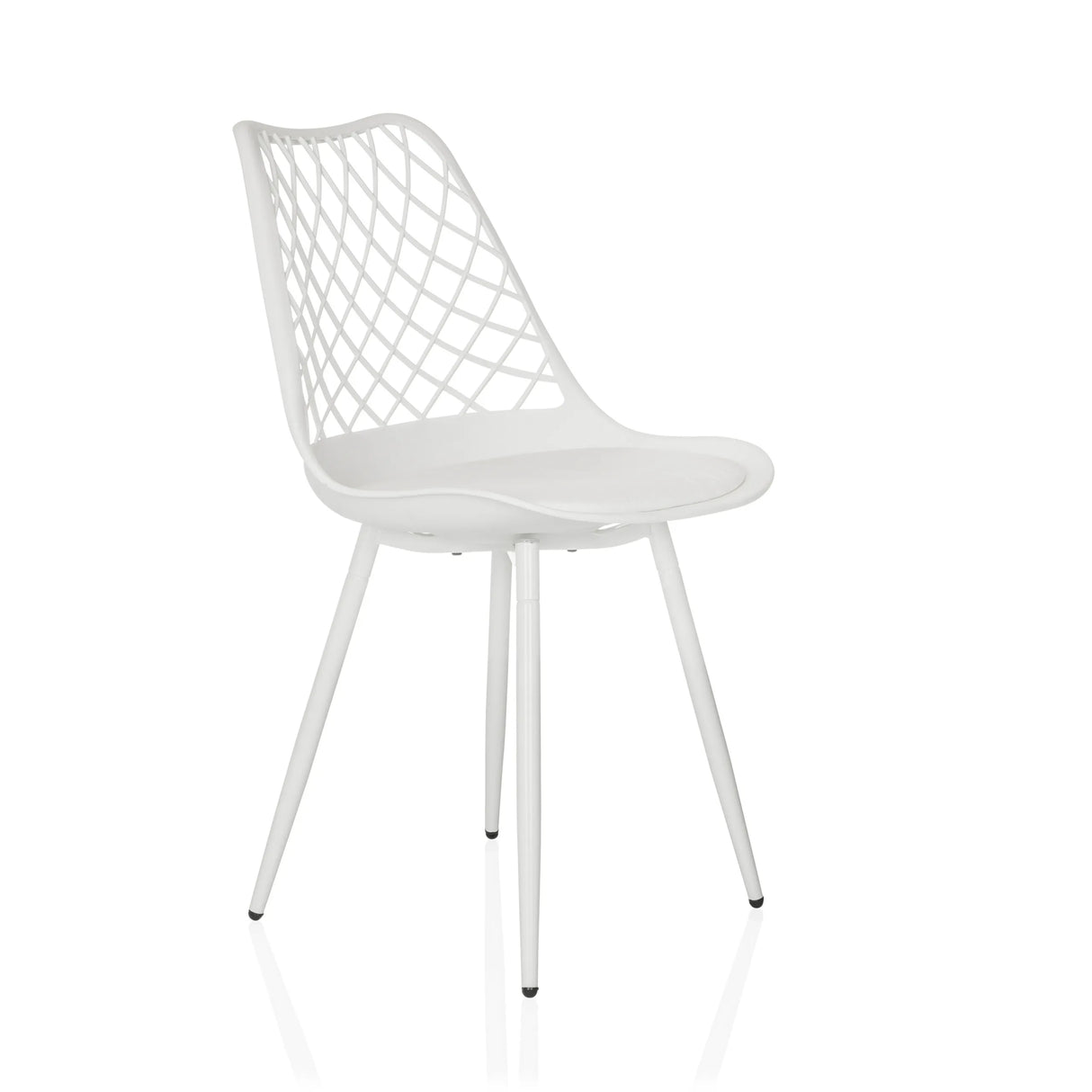 Weißer Outdoor-Stuhl BEGIO S mit gitterförmiger Rückenlehne und vier Beinen von hjh LIVING – 360-Grad-Ansicht (schräge Frontansicht 45°)
