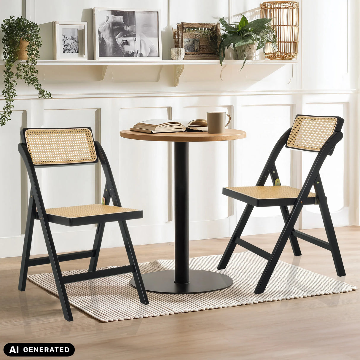 Zwei Klappstühle TUDELA BAMBOO in Schwarz und Braun mit Wiener Geflecht von hjh LIVING (KI-generiertes Bild)