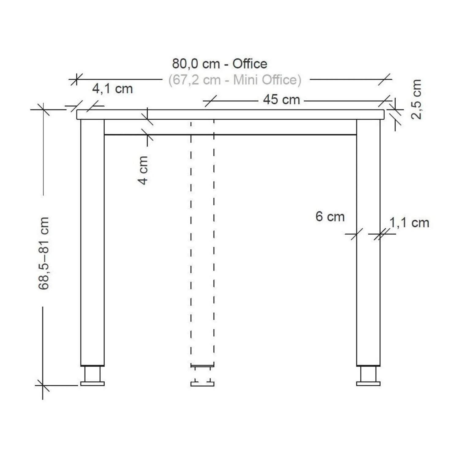 Maßzeichnung des Schreibtischs QUEO 8 S der Serie QUEO mit Höhenverstellung von 68,5 bis 81 cm von hjh OFFICE PRO