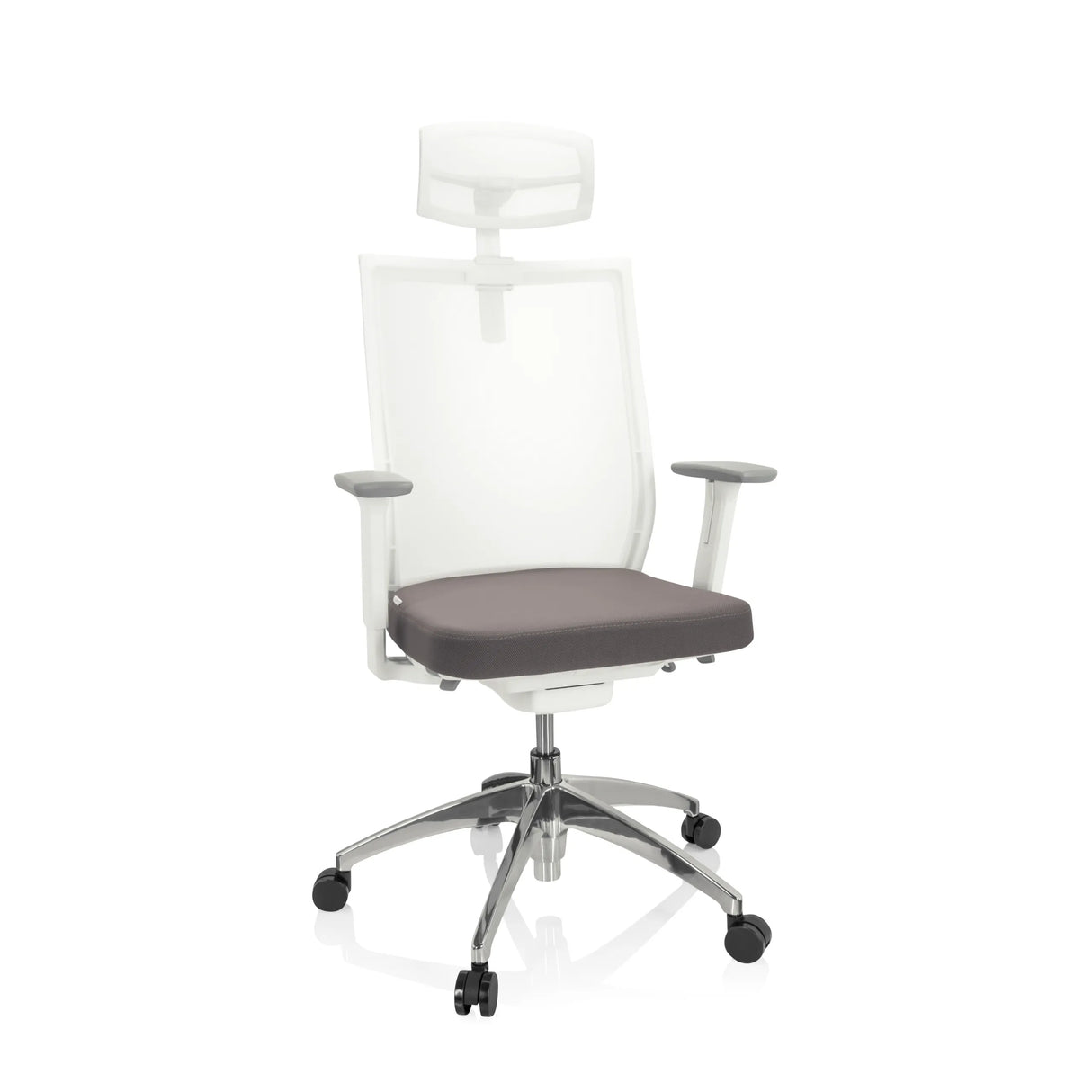 Grau-weißer Profi-Bürostuhl ASPEN WHITE PRO mit Netzrücken, Kopfstütze und Fußkreuz mit fünf Rollen von hjh OFFICE – 360-Grad-Ansicht (Frontansicht 20°)