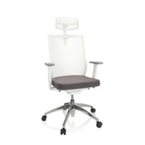 Grau-weißer Profi-Bürostuhl ASPEN WHITE PRO mit Netzrücken, Kopfstütze und Fußkreuz mit fünf Rollen von hjh OFFICE – 360-Grad-Ansicht (Frontansicht 20°)