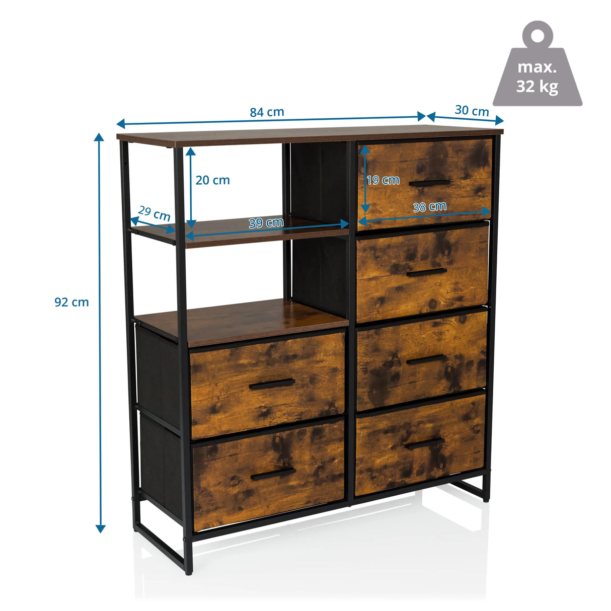 Maßzeichnung der Kommode RAGALA mit 84 × 92 cm von hjh LIVING