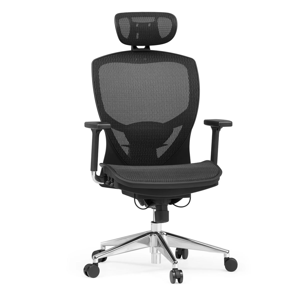Schwarzer High-End-Bürostuhl VENUS ONE mit Netzrücken und Fußkreuz mit fünf Rollen von hjh OFFICE – 360-Grad-Ansicht (Frontansicht 15°)