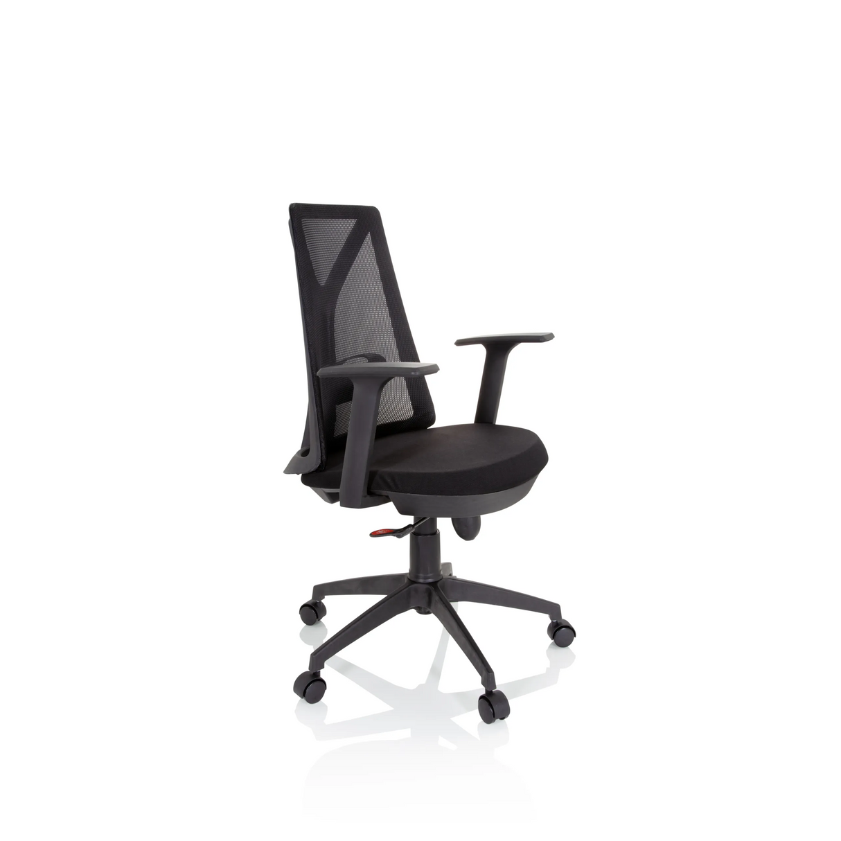 Schwarzer Homeoffice-Bürostuhl FALUN BASIC mit Netzrücken und Fußkreuz mit fünf Rollen von hjh OFFICE – 360-Grad-Ansicht (schräge Frontansicht 60°)