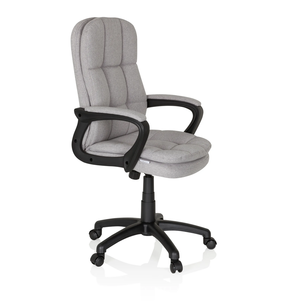 Grauer Home-Office-Chefsessel RELAX CX 120 mit gestepptem Bezug und Fußkreuz mit fünf Rollen von MyBuero – 360-Grad-Ansicht (schräge Frontansicht 60°)