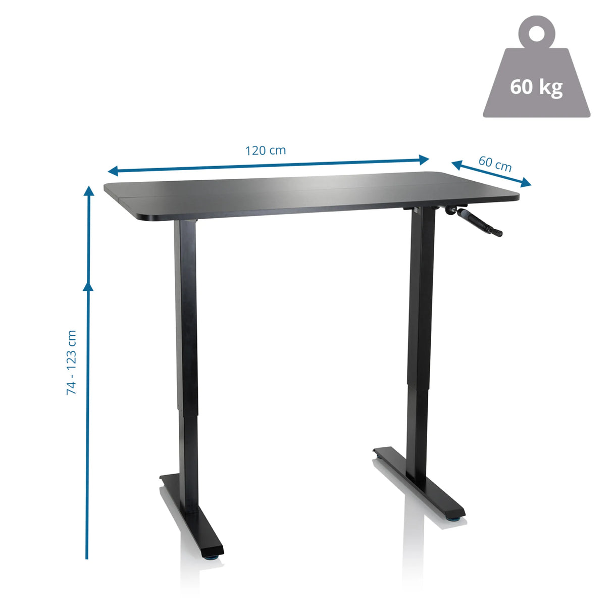 Maßzeichnung des Stehschreibtischs STAND CR mit 120 x 60 cm und einer Traglast von 60 kg von hjh OFFICE