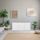Sideboard KELO S in Weiß mit einer Eichenholzplatte in einem hellen Raum von hjh LIVING