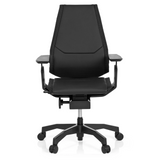 Schwarzer High-End-Bürostuhl GENIDIA BLACK aus Leder mit Armlehnen und Fußkreuz mit fünf Rollen von hjh OFFICE – 360-Grad-Ansicht (Frontansicht 0°)