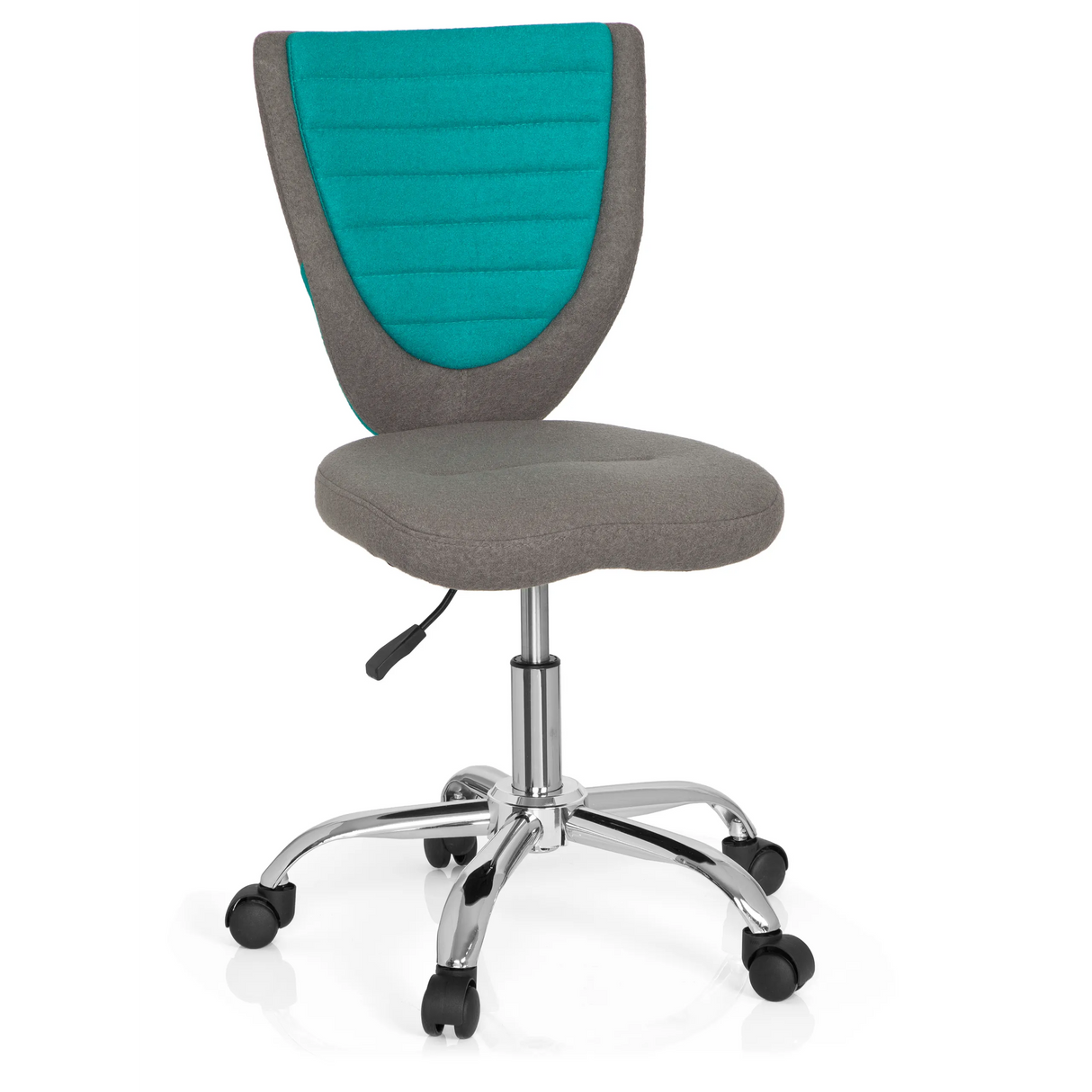 Grau-türkiser Kinderdrehstuhl KIDDY COMFORT mit Fußkreuz und fünf Rollen von hjh OFFICE – 360-Grad-Ansicht (Frontansicht 20°)