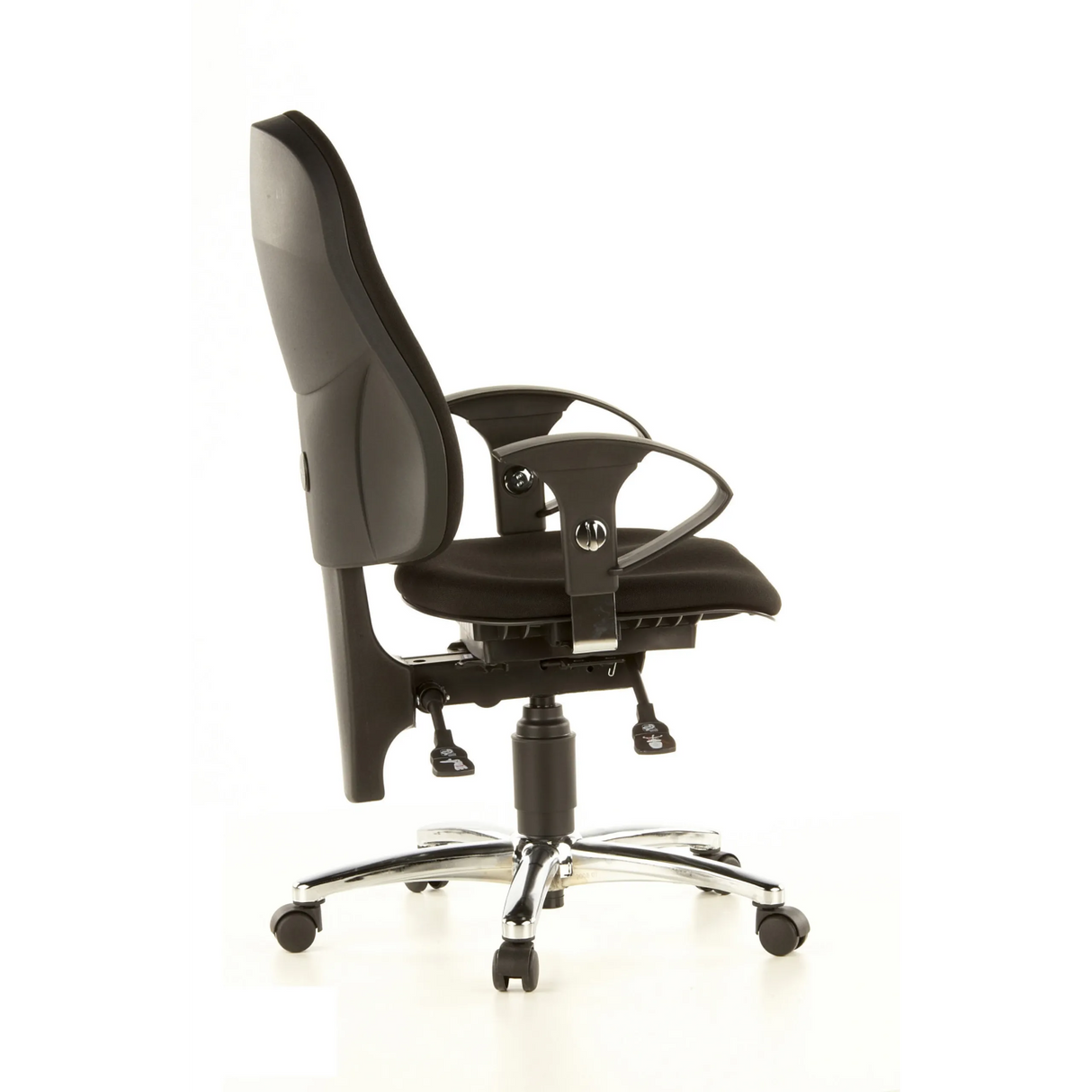 Schwarzer Profi-Bürostuhl SITNESS 10 mit Armlehnen und Fußkreuz mit fünf Rollen von Topstar – 360-Grad-Ansicht (Seitenprofil 100°)