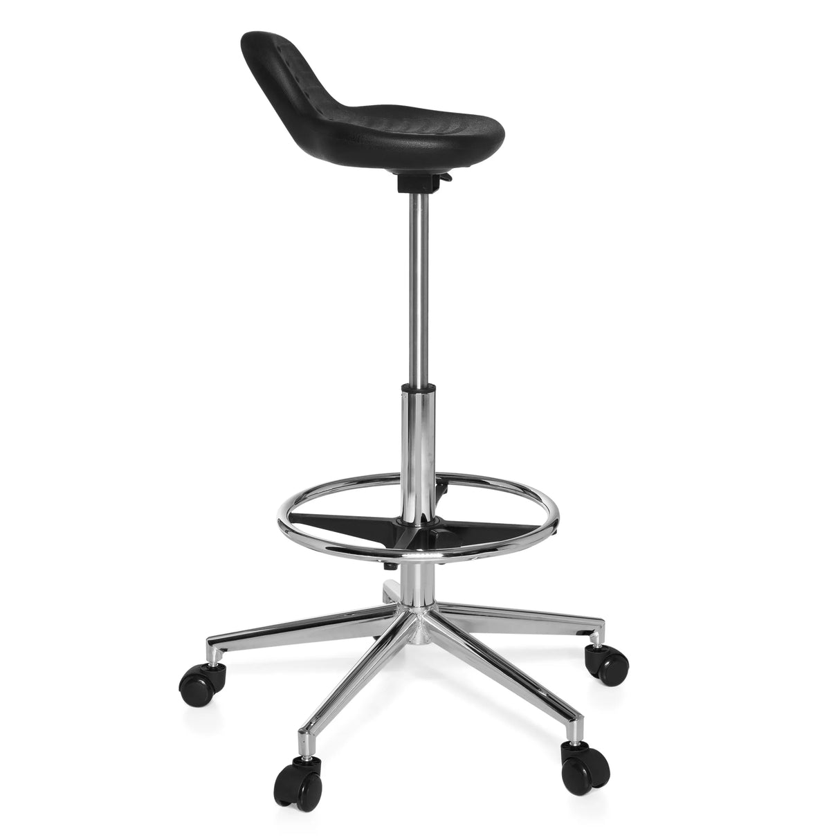 Schwarzer Drehhocker TOP WORK 03 mit Fußring und Fußkreuz mit fünf Rollen von hjh OFFICE – 360-Grad-Ansicht (Seitenprofil 80°)