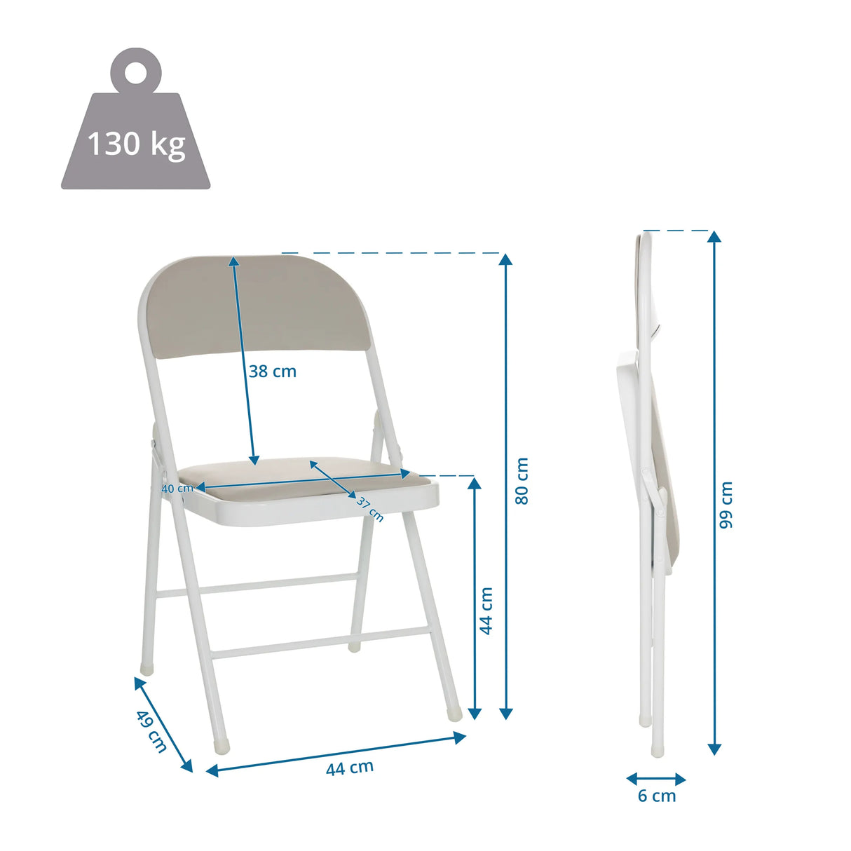 Maßzeichnung des Klappstuhls TUDELA W mit einer Gesamthöhe von 99 cm und 130 kg Belastbarkeit von hjh OFFICE