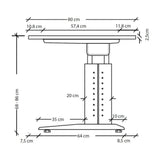 Maßzeichnung des höhenverstellbaren Schreibtisches UNDA 19 S mit einer Tischplatte von 80 cm Tiefe von hjh OFFICE PRO