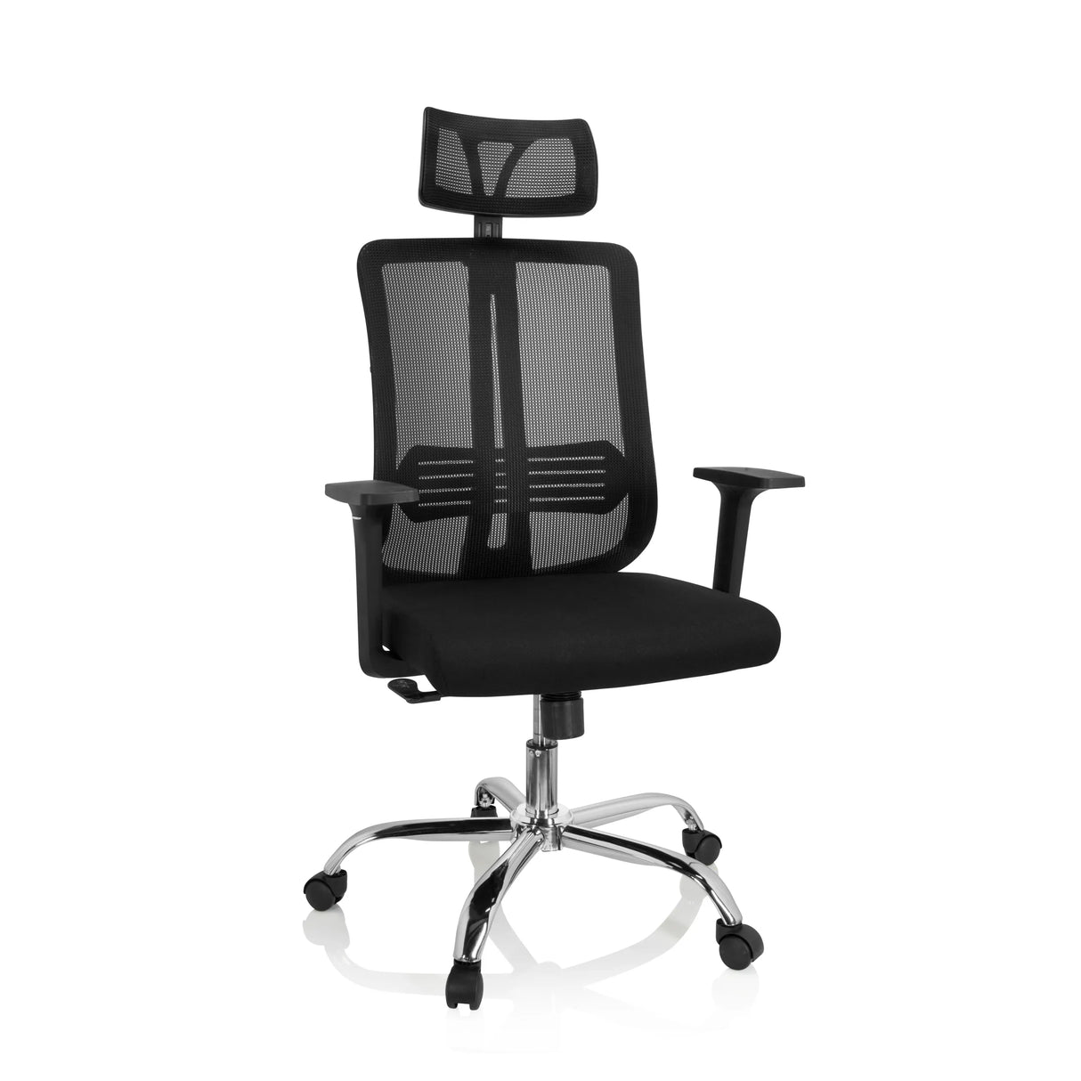 Schwarzer Home-Office-Bürostuhl ZH 200 mit Netzrücken und Fußkreuz mit fünf Rollen von hjh OFFICE – 360-Grad-Ansicht (Frontansicht 20°)
