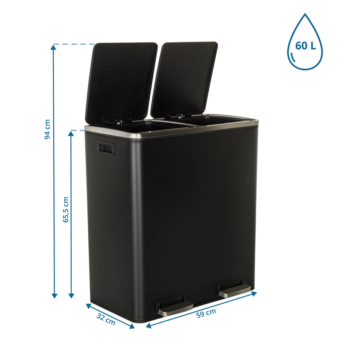 Maßzeichnung des Mülleimers CLEAN XI mit einer Höhe von 94 cm und 60 l Fassungsvermögen von hjh OFFICE