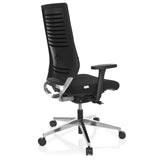Schwarzer Profi-Bürostuhl PRO-TEC 700 mit Armlehnen und glänzendem Fußkreuz mit fünf Rollen von hjh OFFICE – 360-Grad-Ansicht (schräge Rückenansicht 120°)