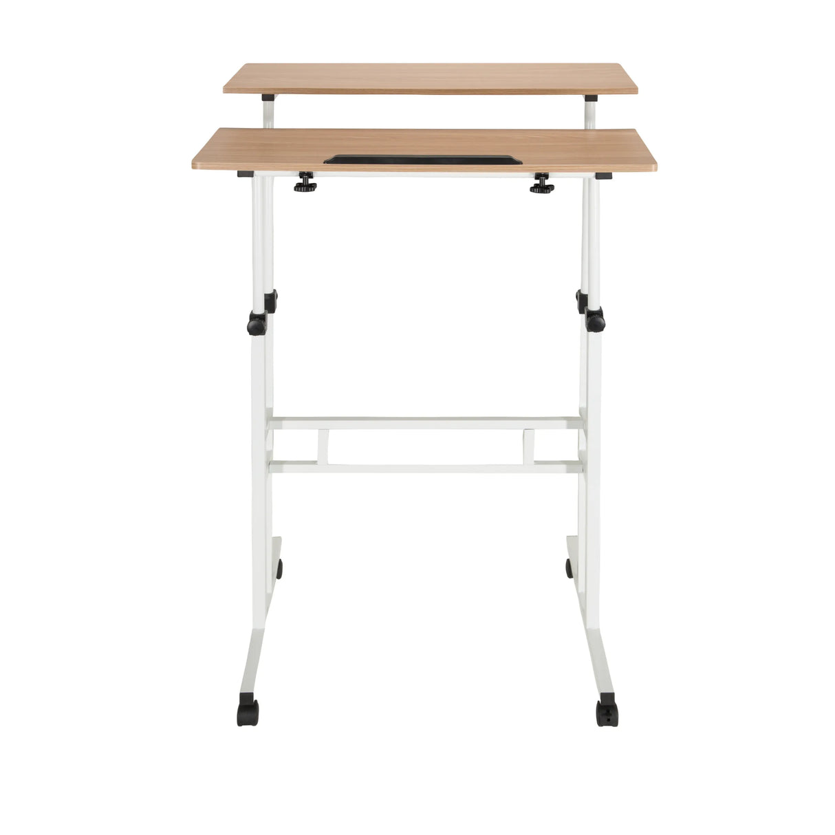 Weißer Stehschreibtisch WORKSTATION I mit Tischplatte in Eiche und Rollen von hjh OFFICE – 360-Grad-Ansicht (Frontansicht 0°)