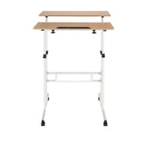 Weißer Stehschreibtisch WORKSTATION I mit Tischplatte in Eiche und Rollen von hjh OFFICE – 360-Grad-Ansicht (Frontansicht 0°)