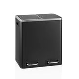 Schwarzer Mülleimer Clean 9 mit zwei Fächern, silbernem Deckelrand und zwei Tragegriffen von hjh OFFICE – 360-Grad-Ansicht (Frontansicht 15°)