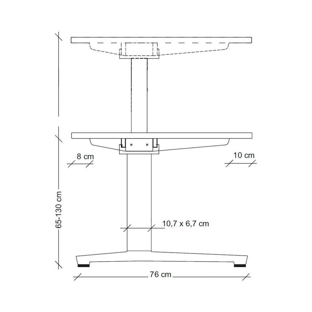 Maßzeichnung des höhenverstellbaren Schreibtischs XBHM 12 GG mit einer Höhe von 65-130 cm und Breite 76 cm von hjh OFFICE PRO
