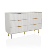 Weißes Sideboard HJELLE mit sechs Schubladen, geriffelten Fronten und goldenen Beinen von hjh LIVING – 360-Grad-Ansicht (schräge Frontansicht 30°)