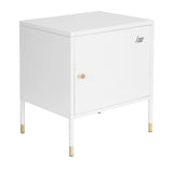 Weißer Beistellschrank UMEO mit einem Türfach und goldfarbenen Füßen von hjh OFFICE – 360-Grad-Ansicht (schräge Frontansicht 40°)