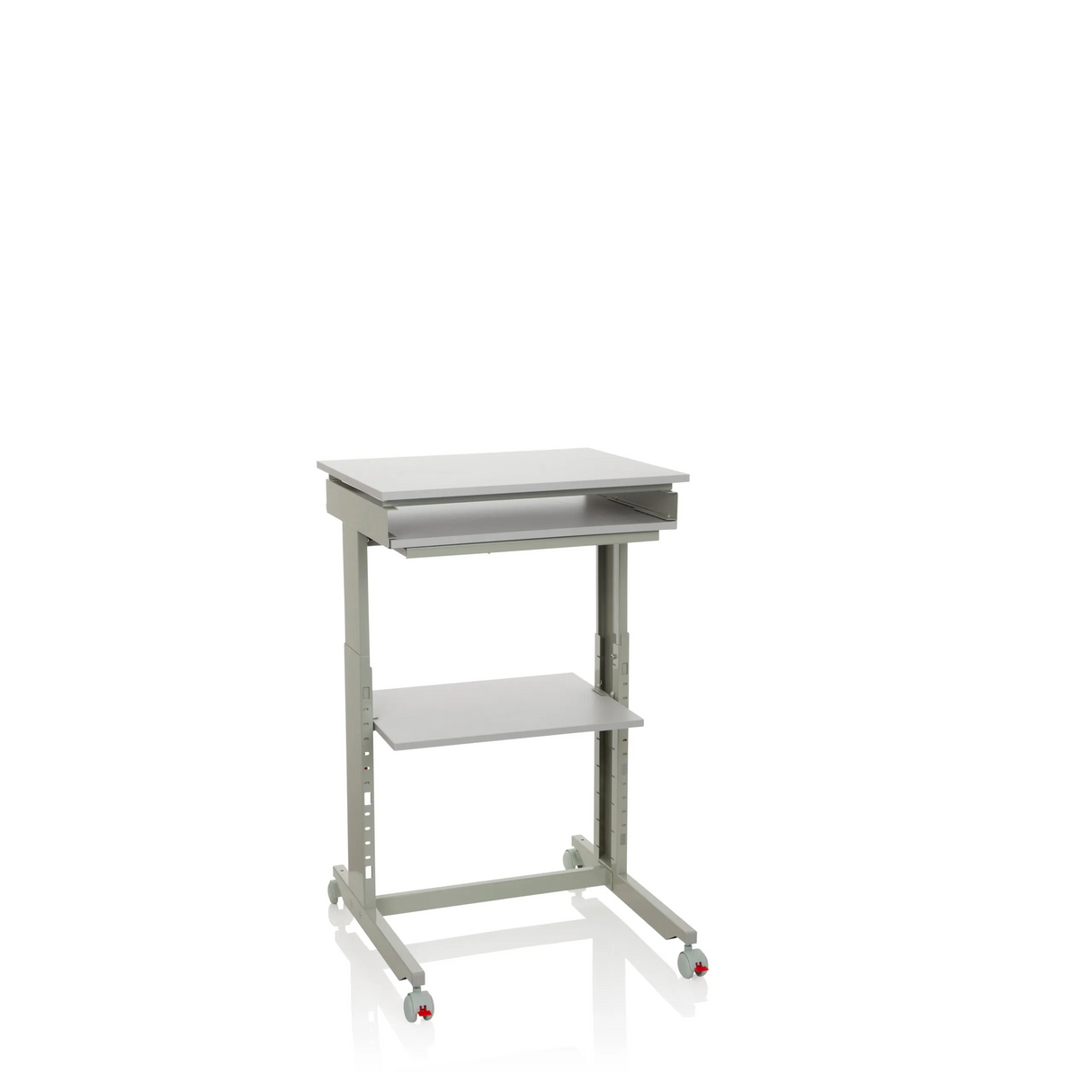 Grauer Stehschreibtisch WORKSTATION mit Ablagefläche und vier Rollen von hjh OFFICE – 360-Grad-Ansicht (Frontansicht 20°)
