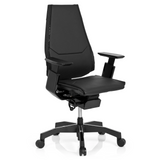 Schwarzer High-End-Bürostuhl GENIDIA BLACK aus Leder mit Armlehnen und Fußkreuz mit fünf Rollen von hjh OFFICE – 360-Grad-Ansicht (schräge Frontansicht 40°)