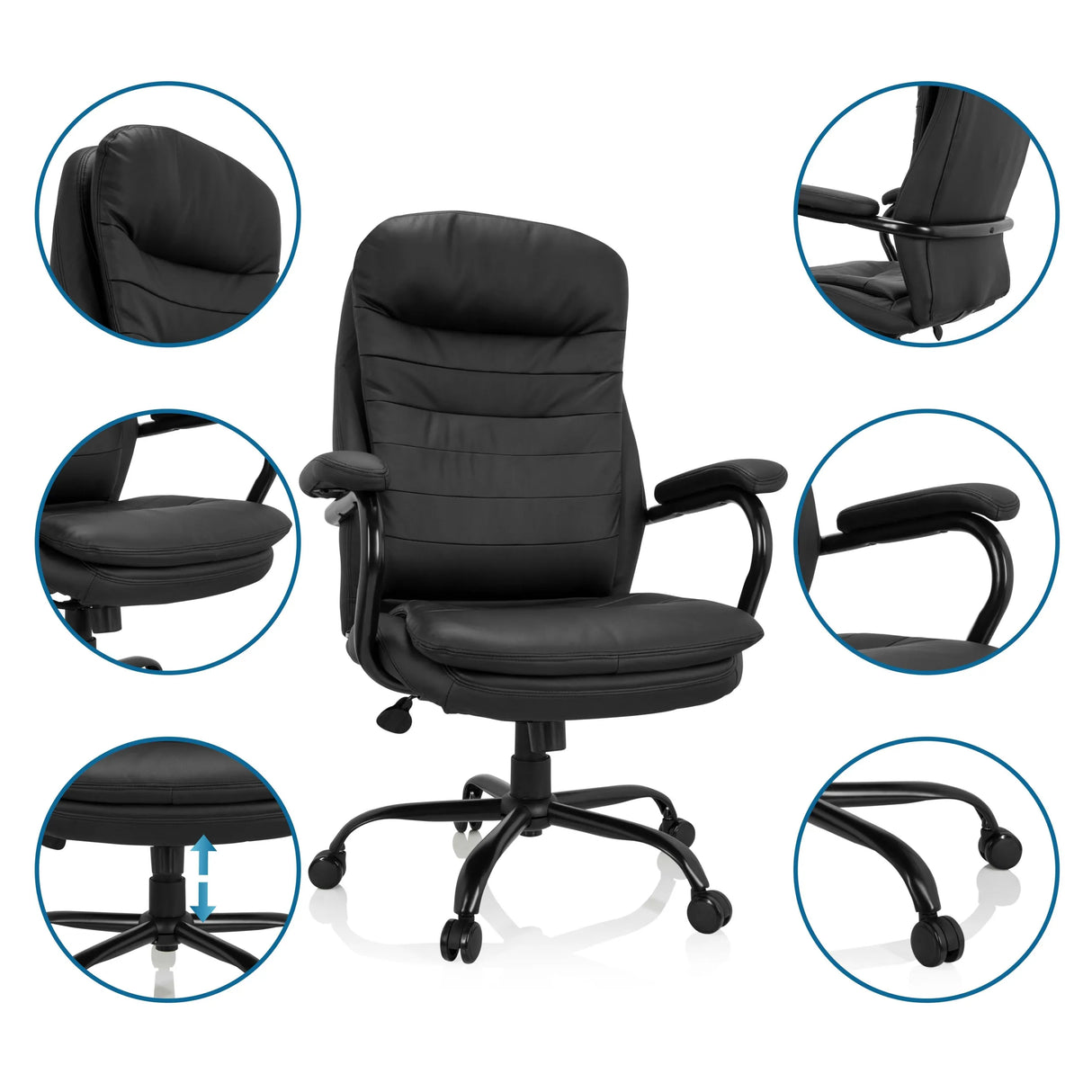 Schwarzer Drehstuhl RELAX XXL B aus Kunstleder mit Detailansichten von Armlehnen und Fußkreuz von hjh OFFICE