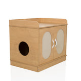 Buchenfarbenes Katzenhaus KITTYHOME 2 mit zwei Türen, ovalen Öffnungen und einer Ablage von hjh LIVING – 360-Grad-Ansicht (schräge Frontansicht 45°)