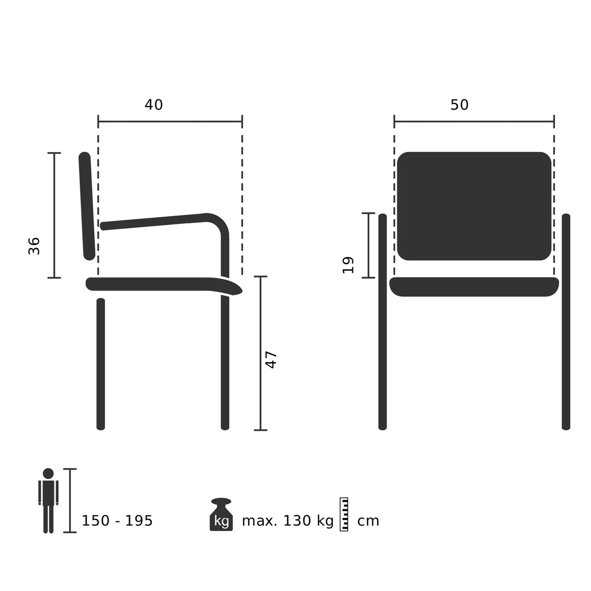 Technische Zeichnung des Besucherstuhls ZANTA B PU mit einer Sitzhöhe von 47 cm von hjh OFFICE