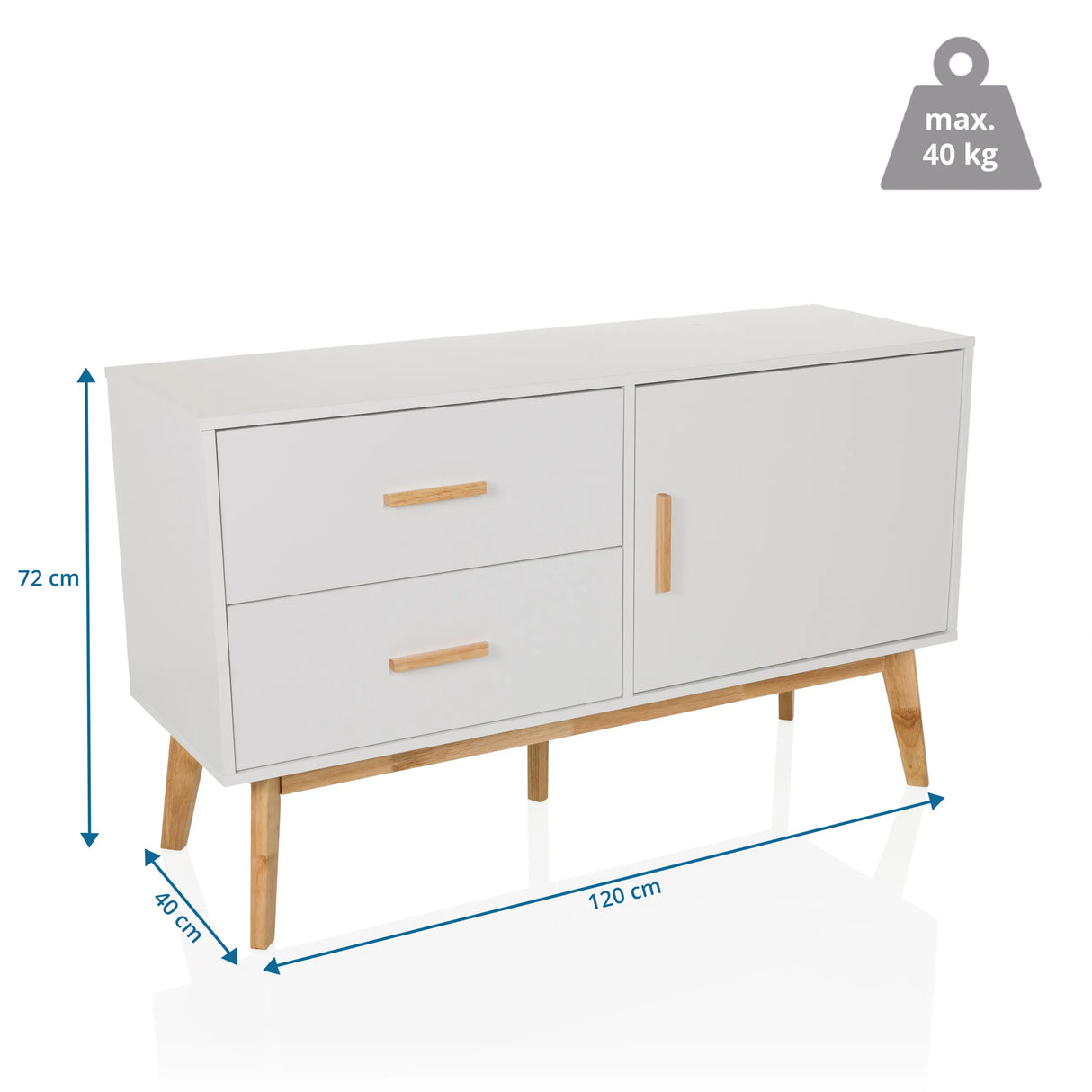 Maßansicht des Sideboards TAROLO mit 120 × 40 cm und einer maximalen Belastung von 40 kg von hjh LIVING