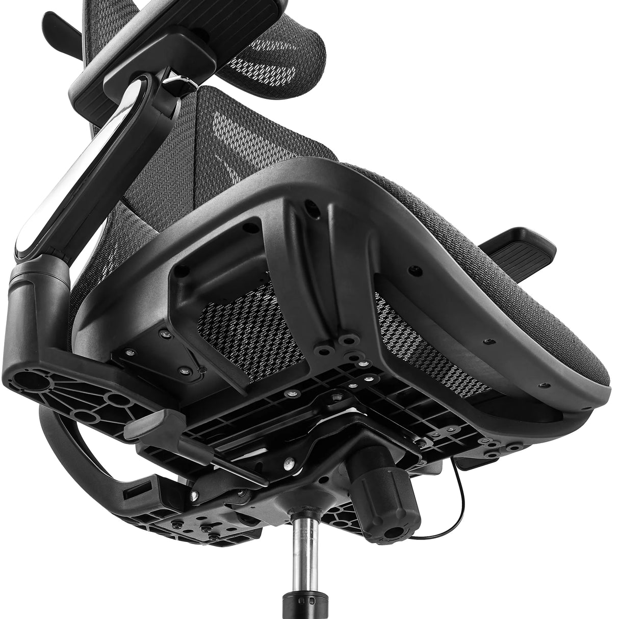 Unterseite der Sitzfläche und Mechanik des Profi-Bürostuhls Ergo U2 Pro3 mit schwarzem Nylon-Netz von hjh OFFICE