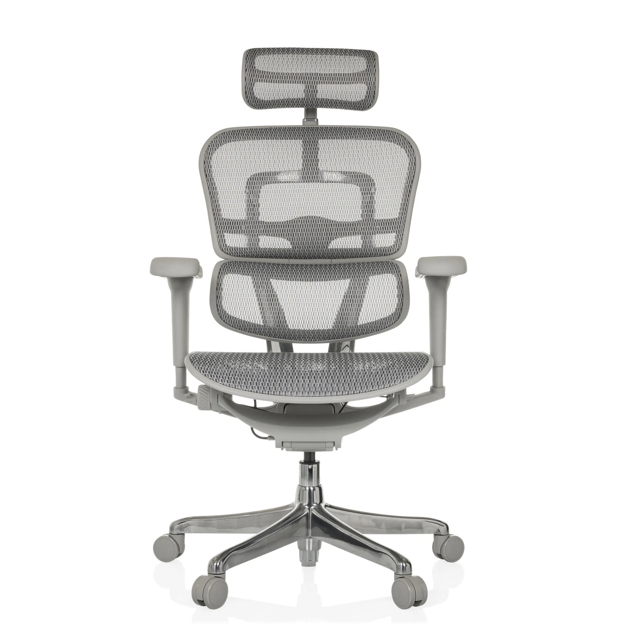 Grauer Luxus-Chefsessel ERGOHUMAN ULTRA G GEN2 mit Netzbezug und Fußkreuz mit fünf Rollen von hjh OFFICE – 360-Grad-Ansicht (Frontansicht 0°)