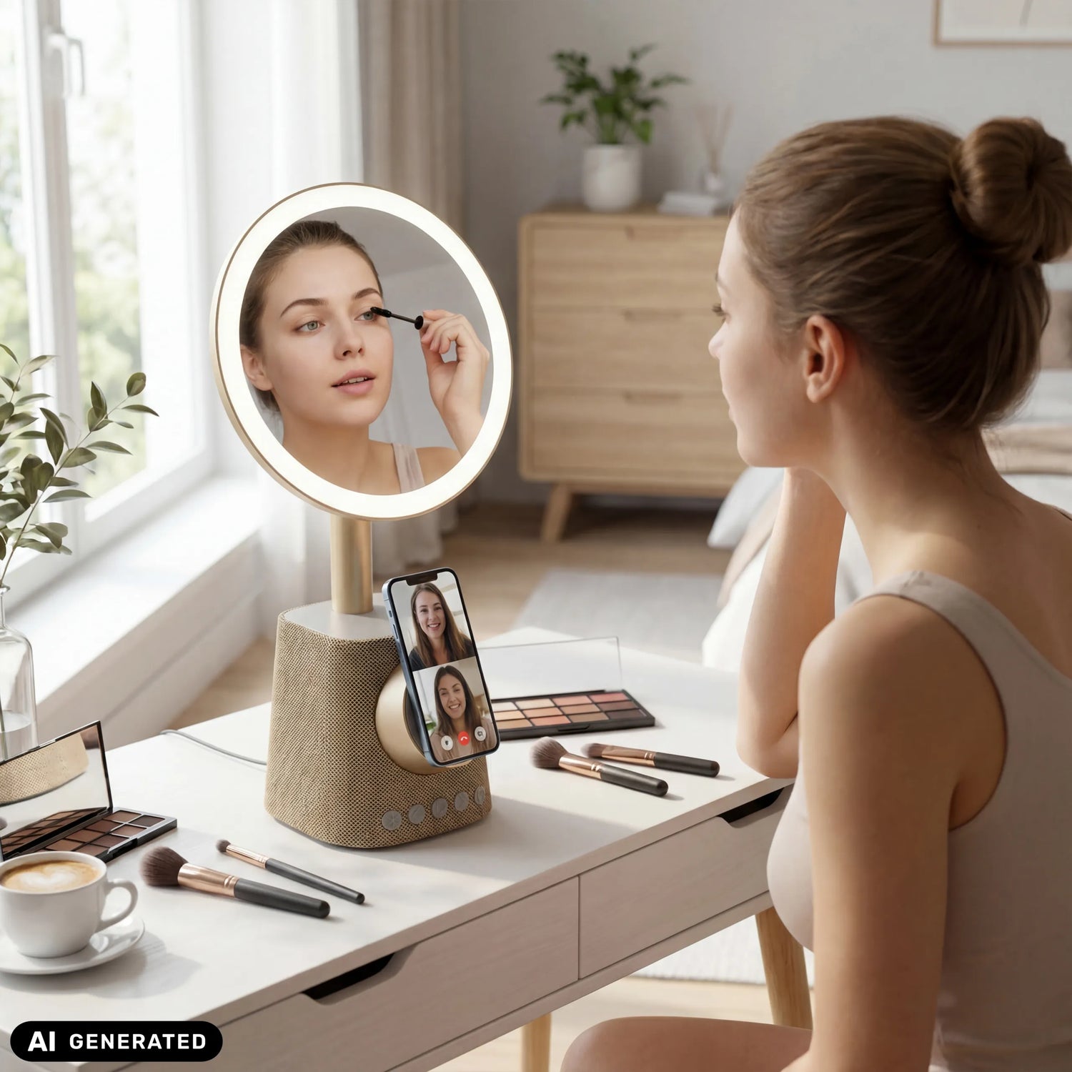 Goldener Schminkspiegel Glamlody mit integrierter Beleuchtung und Smartphone-Halterung von hjh OFFICE (KI-generiertes Bild)