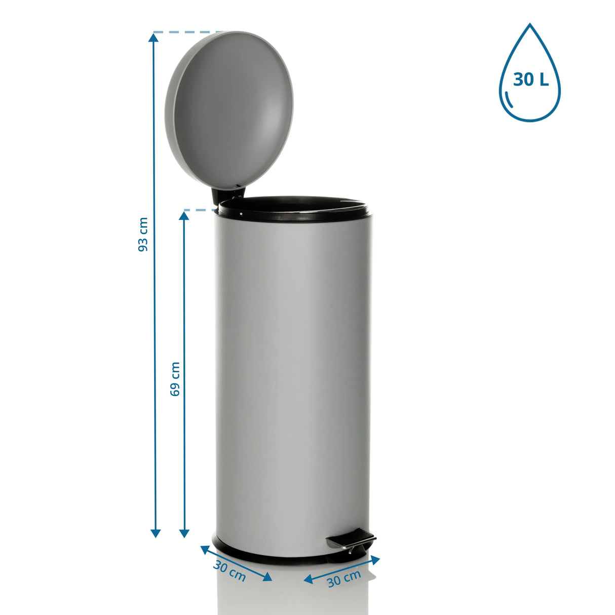 Maßzeichnung des Mülleimers CLEAN VIII mit einem Volumen von 30 l und einer Höhe von 69 cm von hjh OFFICE