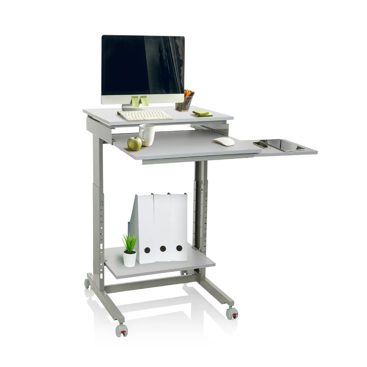 Grauer Stehschreibtisch WORKSTATION mit zwei Ebenen, Ablagefach und Rollen von hjh OFFICE