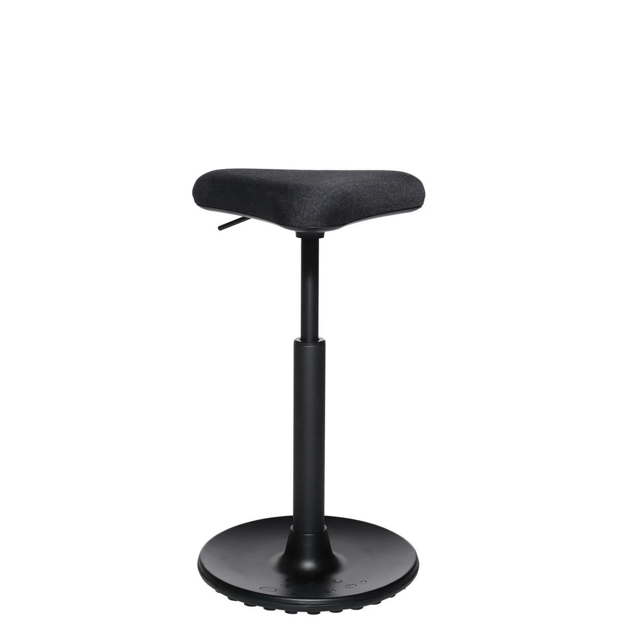 Schwarze Stehhilfe HJH SITNESS HIGH 10 mit gepolsterter Sitzfläche und rundem Standfuß von Topstar – 360-Grad-Ansicht (schräge Rückenansicht 120°)
