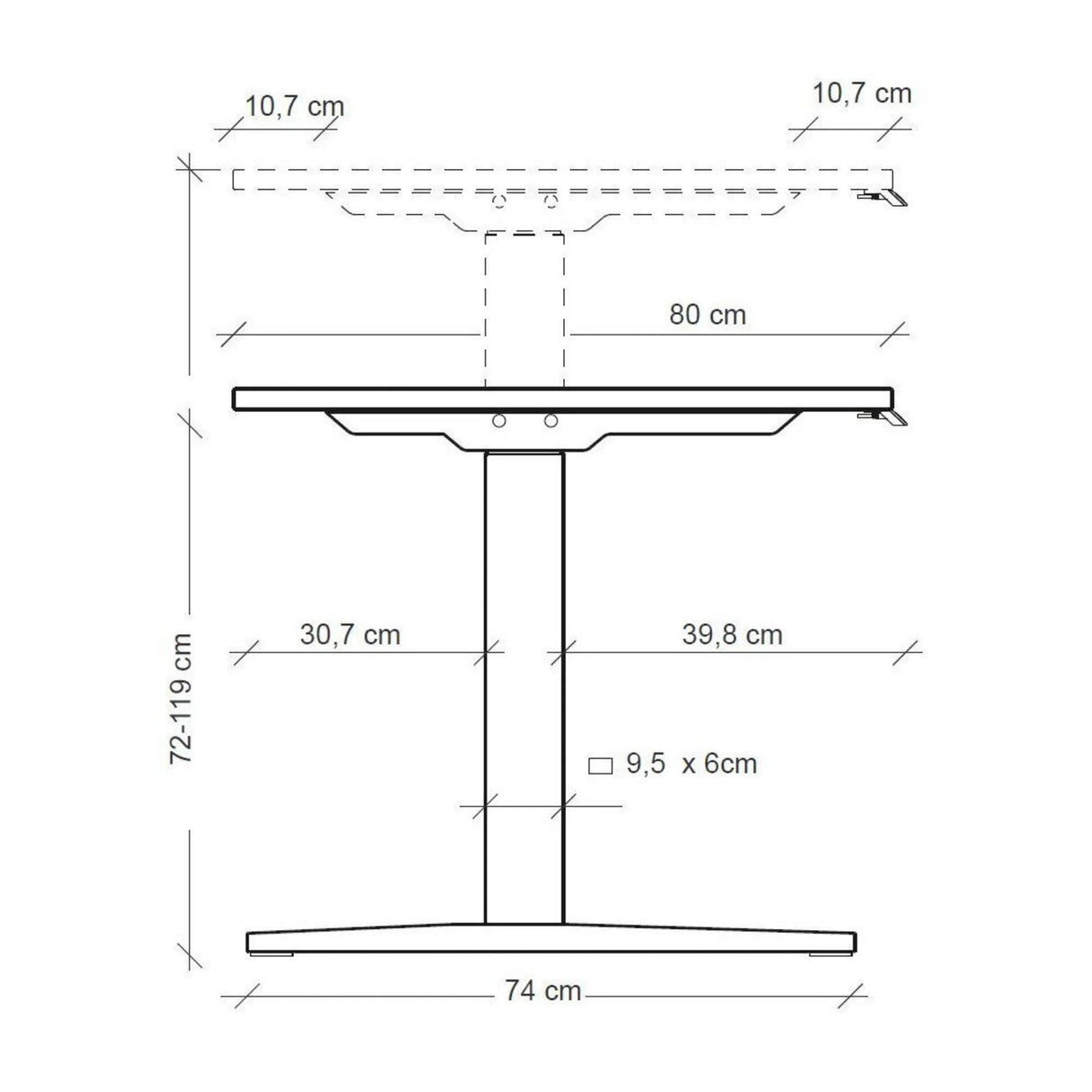 Maßzeichnung des höhenverstellbaren Schreibtischs XMKA 12 G mit einer Höhe von 72-119 cm von hjh OFFICE PRO