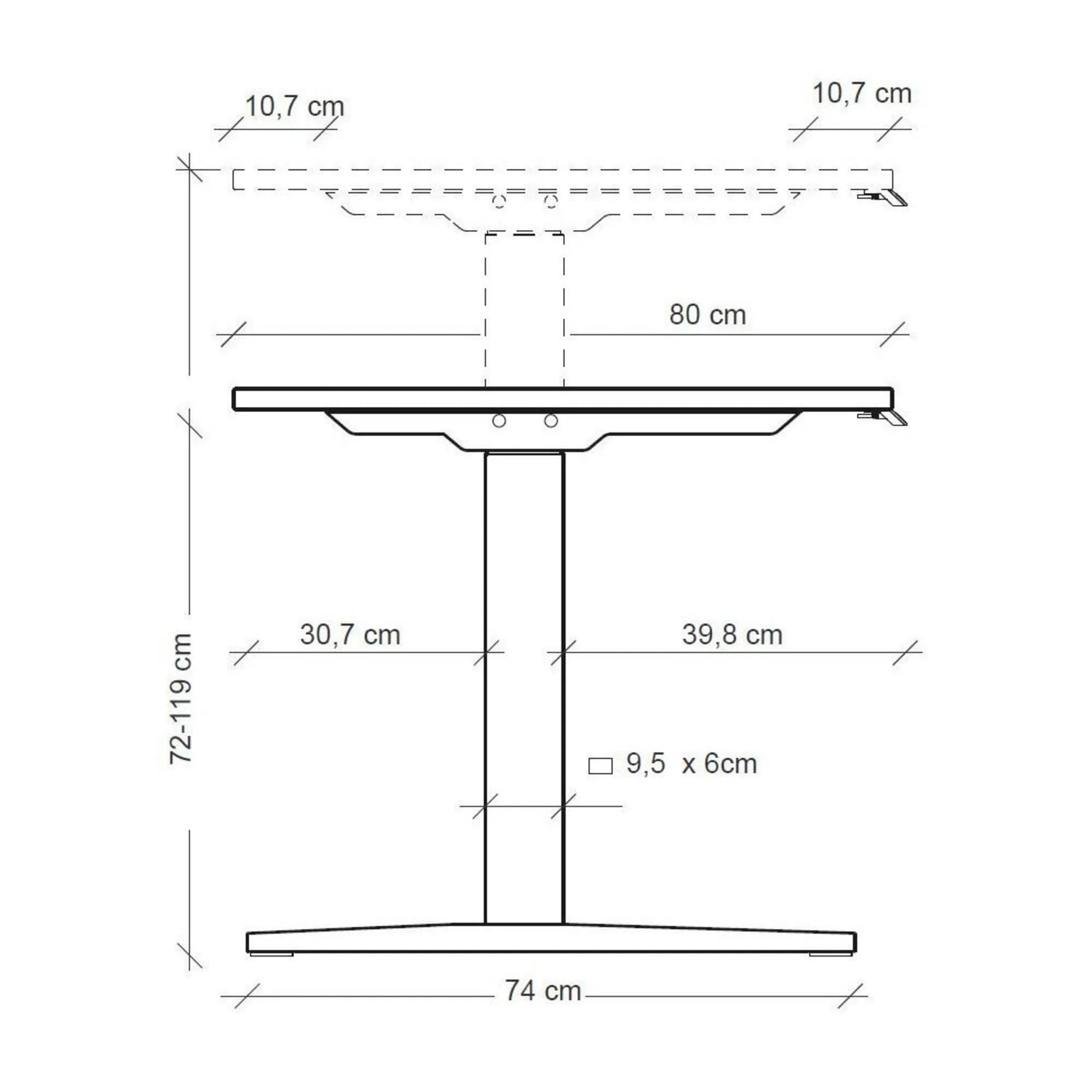 Maßzeichnung des höhenverstellbaren Schreibtischs XMKA 12 G mit einer Höhe von 72-119 cm von hjh OFFICE PRO