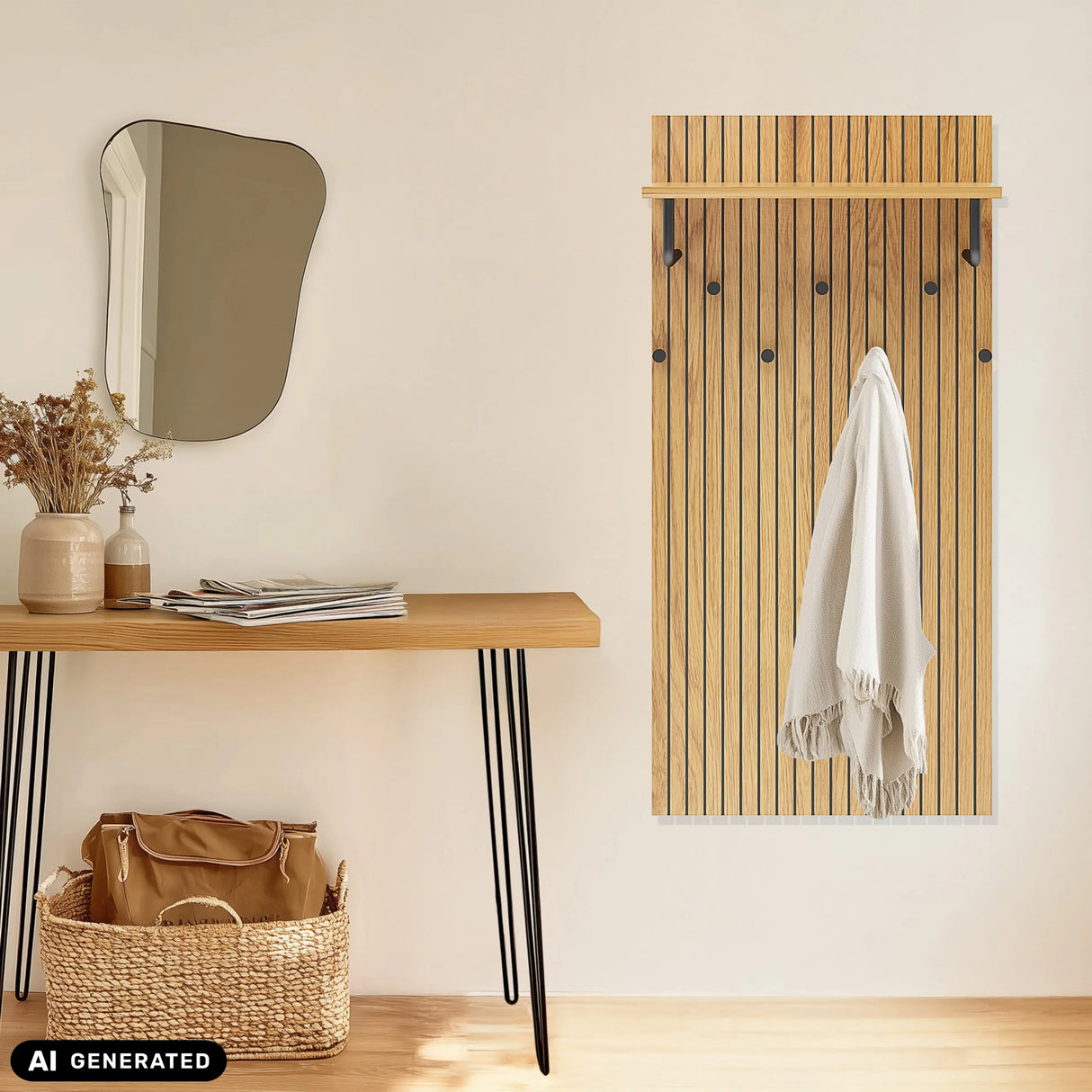 Wandgarderobe LINNO SPACE aus Eiche mit schwarzen Haken und Ablage von hjh LIVING (KI-generiertes Bild)