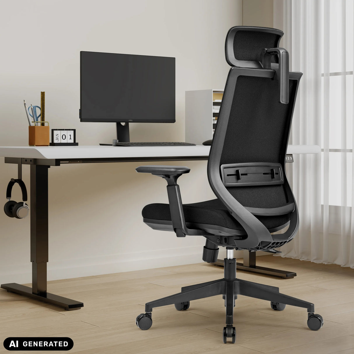 Schwarzer Profi-Bürostuhl Profondo F mit Kopfstütze und Netzrücken an einem Schreibtisch von hjh OFFICE (KI-generiertes Bild)