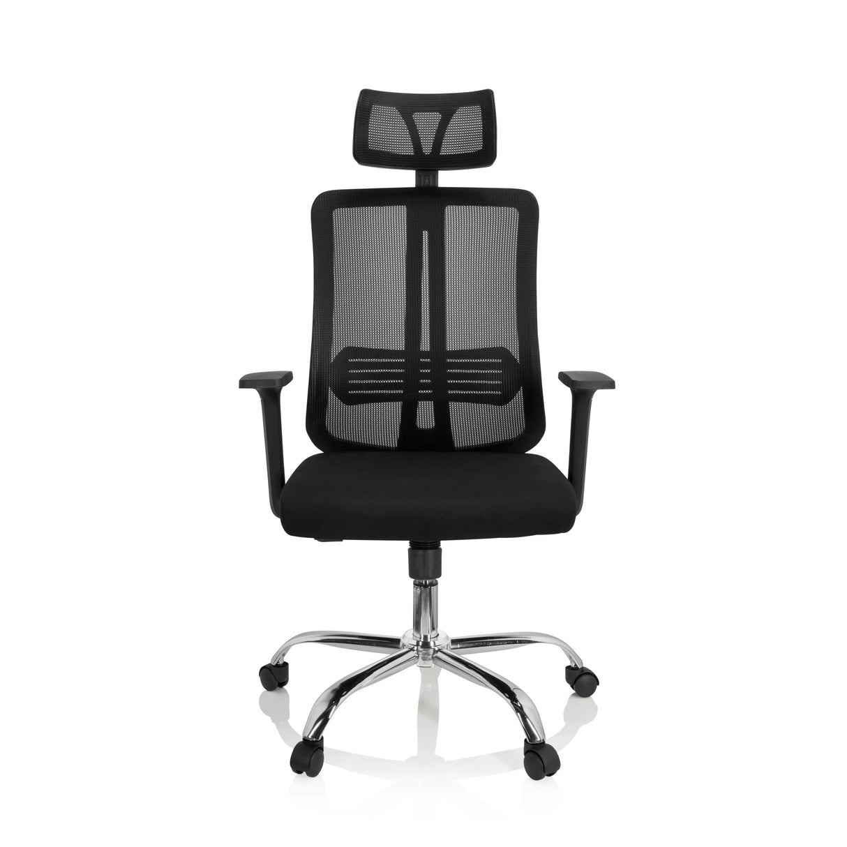 Schwarzer Home-Office-Bürostuhl ZH 200 mit Netzrücken und Fußkreuz mit fünf Rollen von hjh OFFICE – 360-Grad-Ansicht (Frontansicht 0°)