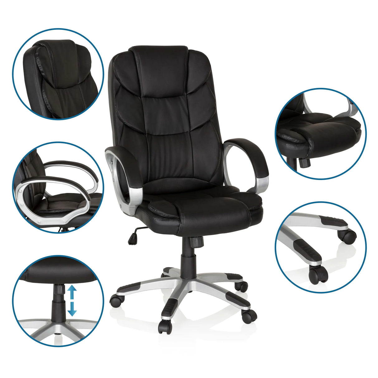 Schwarzer Homeoffice Chefsessel RELAX BY155 mit Detailansichten von Armlehnen, Fußkreuz und Gasfeder von MyBuero
