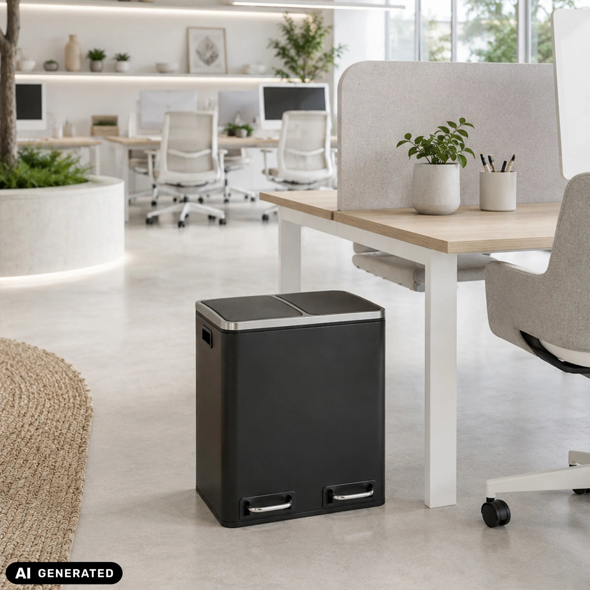 Schwarzer Mülleimer Clean 9 mit zwei Fächern im Büro von hjh OFFICE (KI-generiertes Bild)