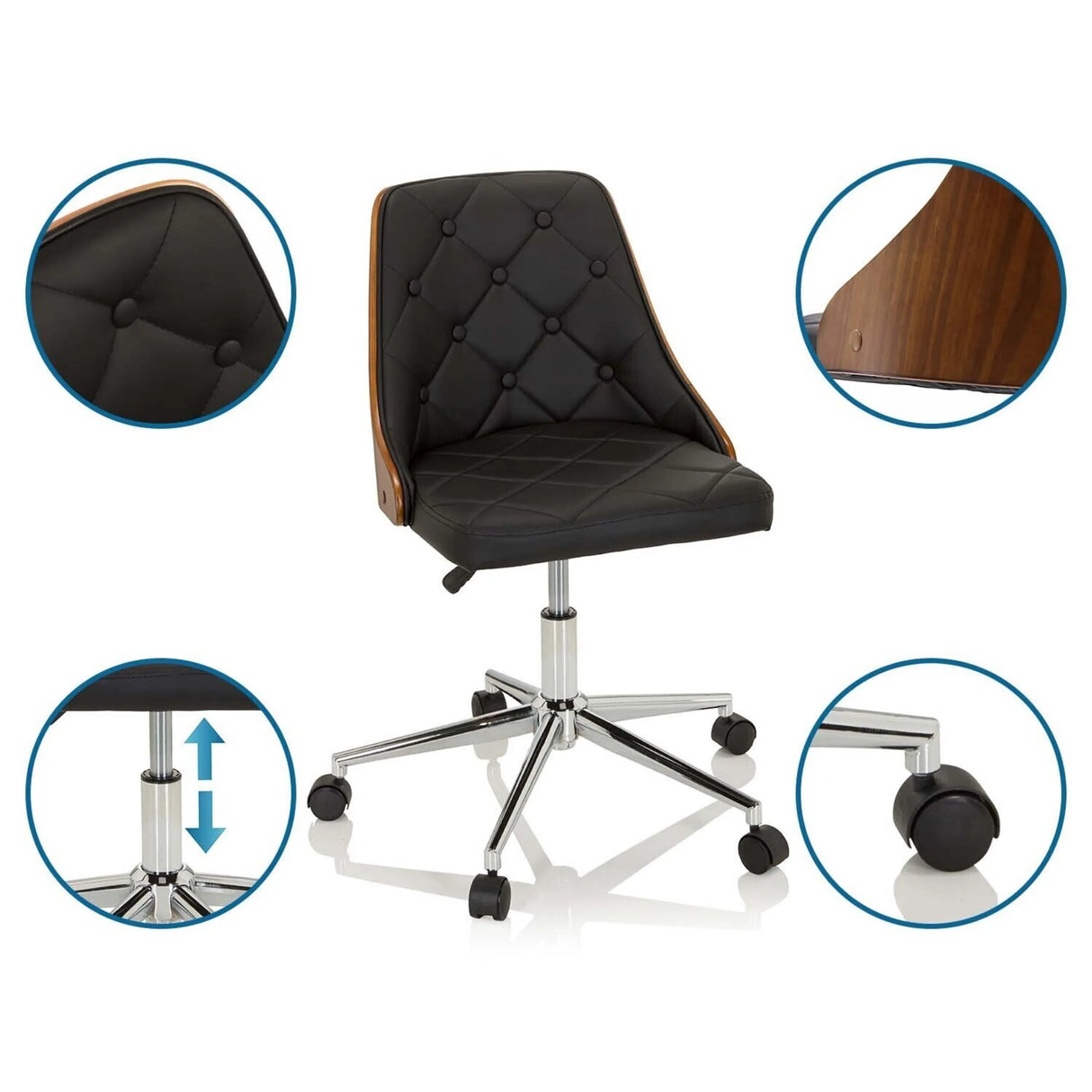 Home-Office-Bürostuhl CENCA in Schwarz mit Knopfheftung, Holzrückseite und höhenverstellbarem Fußkreuz von hjh OFFICE